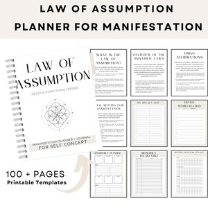 Op de afbeelding: Een witte spiraalgebonden planner met de titel "Law of Assumption" en de tekst "I Receive Everything I Desire". De planner bevat pagina's voor manifestatie, doelstellingen en een bucketlist. De cover zegt ook "Manifestation Planner + Journal for Self Concept". De afbeelding zegt ook "100+ Pages Printable Templates."