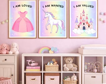 Regnbåge Enhörning Barnrum Väggkonst Set Barn Utskrivbar Digital Konst Positiva Affirmationer Flickrumsdekor