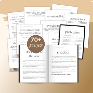 Pu&ograve; includere: Una raccolta di guide stampate e un tablet con la parola "protezione" sullo schermo. Le guide presentano testo e titoli come "Esercizio Sette" e "Diario del lavoro ombra". Una grafica circolare recita "70+ pagine".