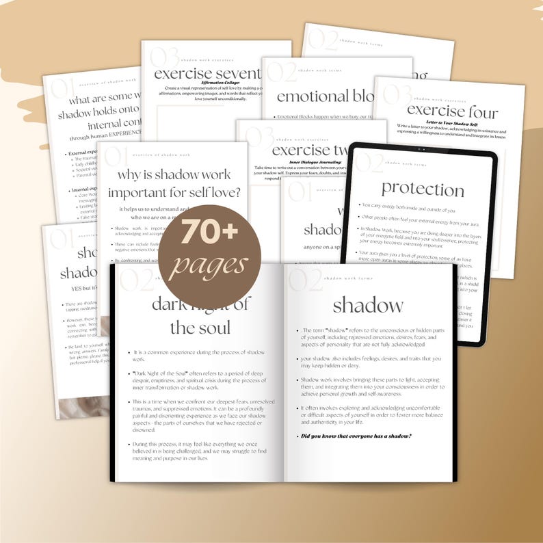 Pu&ograve; includere: Una raccolta di guide stampate e un tablet con la parola "protezione" sullo schermo. Le guide presentano testo e titoli come "Esercizio Sette" e "Diario del lavoro ombra". Una grafica circolare recita "70+ pagine".