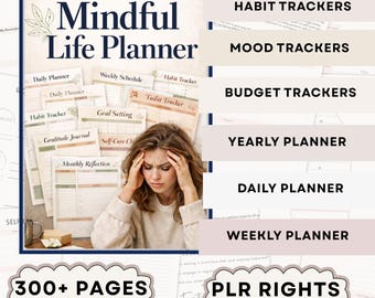 Planejador de Vida Mindfulness PLR para Mulheres, Orçamento, Hábitos, Rastreador de Tarefas, Definição de Metas Diárias, Sugestões para Diário, Bem-Estar Mental, 300 Folhas de Exercícios Digitais