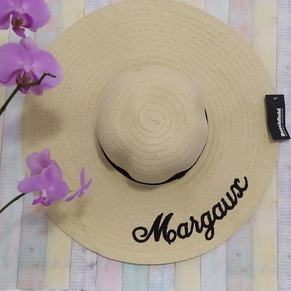 Name or initials on sun hat | Personalized | Machine embroidered | Wide-Brimmed Sun hat | Made of  paper straw