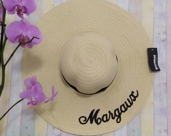 Name or initials on sun hat | Personalized | Machine embroidered | Wide-Brimmed Sun hat | Made of  paper straw
