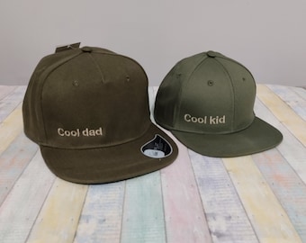 Cool Dad | Cool Kid | Matching hats | Set of two Snapback caps | For Adult and kid or baby | Machine embroidered | Adjustable closure