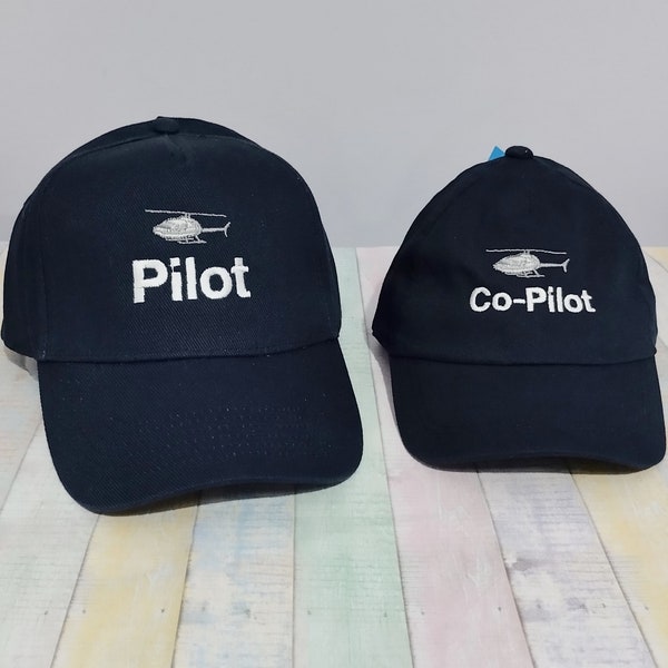 Pilote copilote d'hélicoptère | chapeaux assortis | Lot de deux casquettes | Broderie machine | Casquettes de baseball réglables