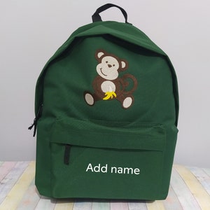 Singe et nom ou texte sur le sac à dos, personnalisés, brodés à la machine, idéal pour l'école, les activités de plein air