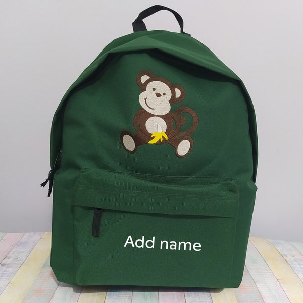 Monkey and name or text on backpack, Personalized, Machine embroidered, ideal for school, outdoor activities