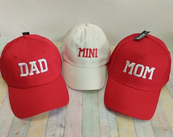 Dad, Mom, Mini | Matching hats | Set of three hats | Machine embroidery | Adjustable baseball caps