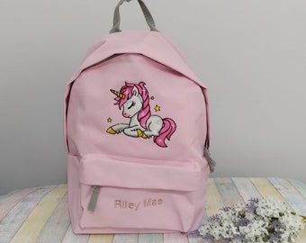 Licorne et nom ou texte sur le sac à dos, personnalisé, brodé à la machine, idéal pour l'école, les activités de plein air