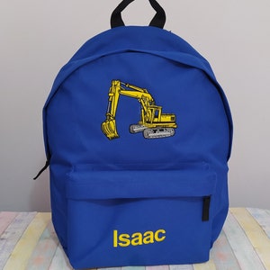 Excavatrice et nom ou texte sur le sac à dos, les camions de construction, personnalisé, brodé à la machine, idéal pour l'école, les activités de plein air