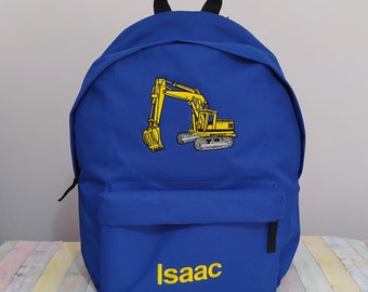 Excavatrice et nom ou texte sur le sac à dos, les camions de construction, personnalisé, brodé à la machine, idéal pour l'école, les activités de plein air