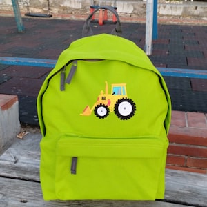 Tractor and name or text on backpack, construction trucks, Personalized, Machine embroidered, ideal for school, outdoor activities