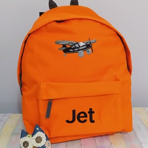 Avion et nom ou texte sur le sac à dos, personnalisé, brodé à la machine, idéal pour l'école, les activités de plein air