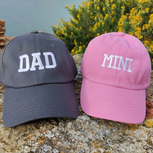 Dad Mini | Matching hats | Set of two caps | Machine embroidery | Adjustable baseball caps