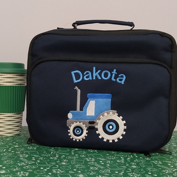 Tractor y nombre o texto en la lonchera, Personalizado, Bordado a máquina, ideal para la escuela, picnics, jardín de infantes