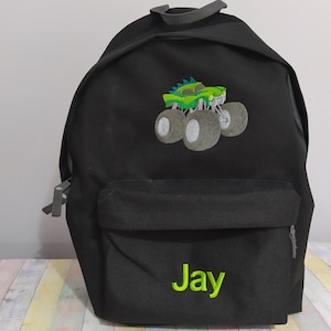 Monster Truck et nom ou texte sur le sac à dos, personnalisé, brodé à la machine, idéal pour l'école, les activités de plein air