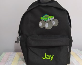 Monster Truck et nom ou texte sur le sac à dos, personnalisé, brodé à la machine, idéal pour l'école, les activités de plein air