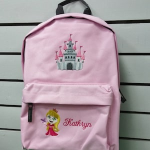 Château de princesse et nom ou texte sur le sac à dos, personnalisés, brodés à la machine, idéal pour l'école, les activités de plein air