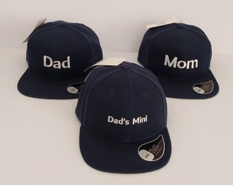 Dad Mom Dad's Mini | Matching hats | Set of three Snapback Hats | For adult, kid and baby | Machine embroidered