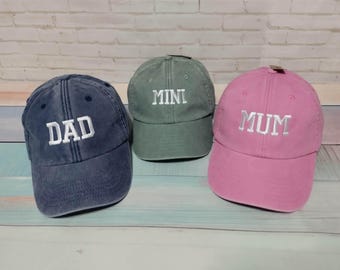 Dad, Mom, Mini | Matching hats | Set of three hats | Machine embroidery | Adjustable baseball caps