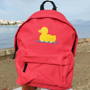 Canard en caoutchouc et nom ou texte sur le sac à dos, personnalisé, brodé à la machine, idéal pour l'école, les activités de plein air