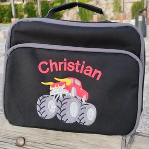 Monster truck and name or text on lunch box, Personalized, Machine embroidered, ideal for school, picnics, kindergarten
