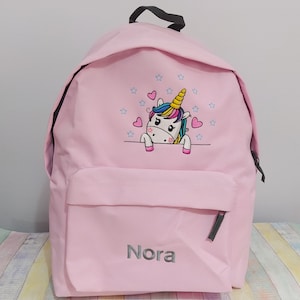 Licorne et nom ou texte sur le sac à dos, personnalisé, brodé à la machine, idéal pour l'école, les activités de plein air