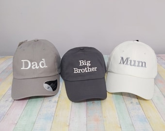 Dad, Mom, Big Brother | Matching hats | Set of three hats | Machine embroidery | Adjustable baseball caps