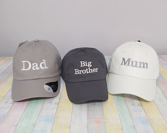 Papa, maman, grand frère | Chapeaux assortis | Lot de trois chapeaux | Broderie machine | Casquettes de baseball réglables