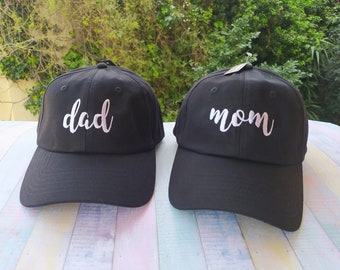 Dad | Mom | Matching hats | Set of two caps | Machine embroidery | Adjustable baseball caps