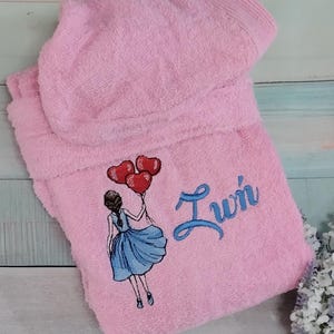 Terry bathrobe - Girl with balloons and name - Unisex terry hooded bathrobe, Machine embroidered - 100% cotton