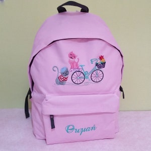 Chat français à vélo et nom ou texte sur le sac à dos, personnalisé, brodé à la machine, idéal pour l'école, les activités de plein air