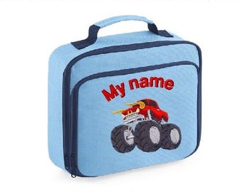 Monstertruck en naam of tekst op lunchbox, gepersonaliseerd, machinaal geborduurd, ideaal voor school, picknicks, kleuterschool