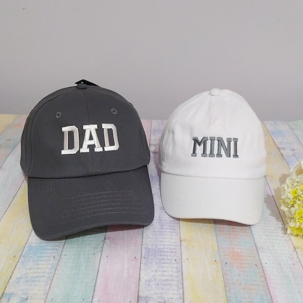 Dad Mini | Matching hats | Set of two caps | Machine embroidery | Adjustable baseball caps