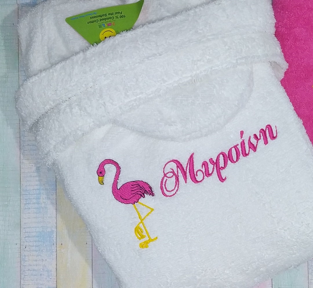 Bathrobe Pink Flamingo and Name Terry Hooded Bathrobe for Babies or Kids Machine Embroidered 100
