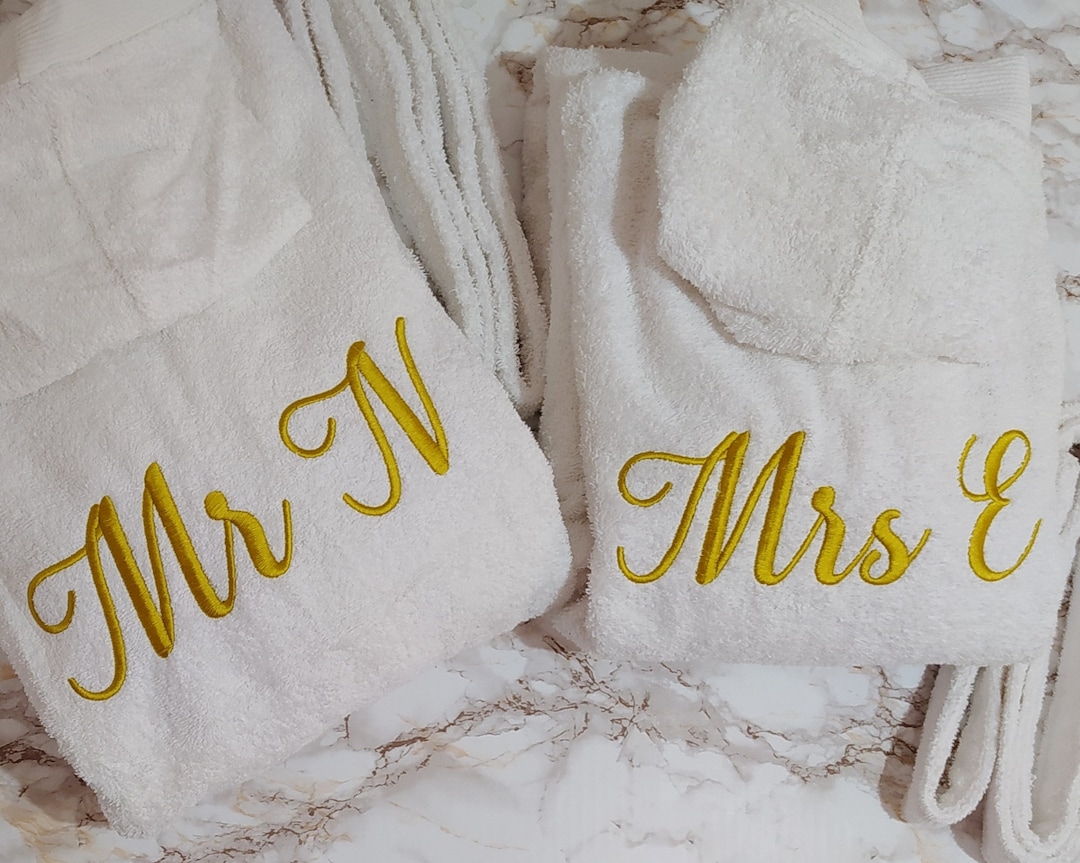 Terry Hooded Bathrobes Set of Two for Couples Mr and Mrs With Initials