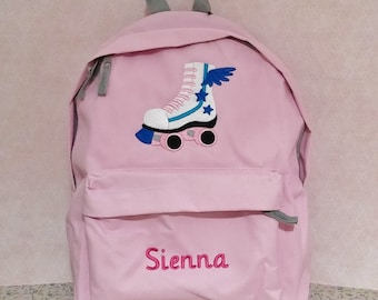 Roller skate and name or text on backpack, Personalized, Machine embroidered, ideal for school, outdoor activities