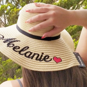 Name and heart on sun hat | Personalized | Machine embroidered | Wide-Brimmed Sun hat | Made of  paper straw
