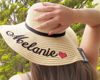 Name and heart on sun hat | Personalized | Machine embroidered | Wide-Brimmed Sun hat | Made of  paper straw