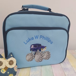 Monster truck and name or text on lunch box, Personalized, Machine embroidered, ideal for school, picnics, kindergarten
