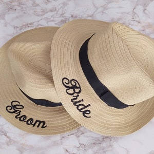Bride and Groom | Matching hats | Set of two Panama styled straw hats | For him and her | Personalized | Machine embroidered