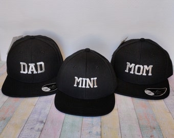 Three Matching Dad Mom Mini Snapback Hats: Embroidered Family set