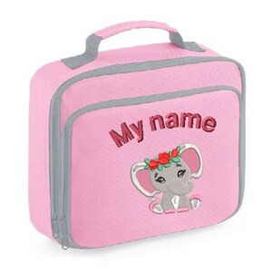 Bébé éléphant et nom ou texte sur la boîte à lunch, personnalisé, brodé à la machine, idéal pour l'école, les pique-niques, la maternelle
