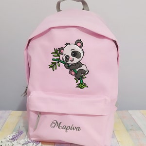 Bébé panda et prénom ou texte sur le sac à dos, personnalisé, brodé à la machine, idéal pour l'école, les activités de plein air