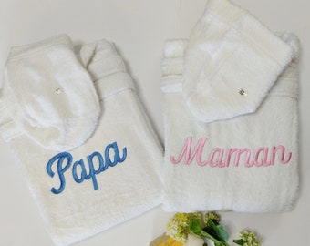 Frottee-Bademäntel mit Kapuze – Zweier-Set für Paare – Papa-Mama/Mama – Papa-Mama – Maschinenbestickt – 100 % Baumwolle