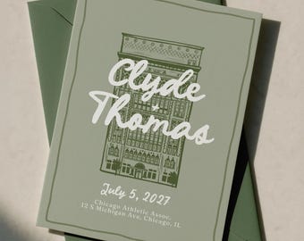 Custom Wedding Invite with Hand Drawn Venue Illustration - Digital File