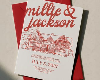 Custom Wedding Invite with Hand Drawn Venue Illustration - Digital File