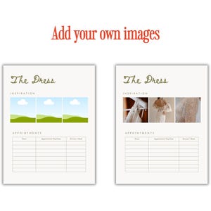 May include: Two wedding planning templates with the text "The Dress" at the top. One template has landscape images of clouds and green hills, while the other has images of wedding dresses. Both have appointment sections.