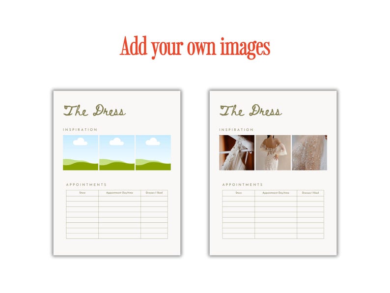 May include: Two wedding planning templates with the text "The Dress" at the top. One template has landscape images of clouds and green hills, while the other has images of wedding dresses. Both have appointment sections.