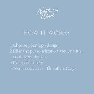 May include: A light blue graphic with the text "Northern Wind" in cursive script. Below, the text "HOW IT WORKS" is displayed. Steps include choosing a logo, filling in details, placing an order, and receiving the file within two days.